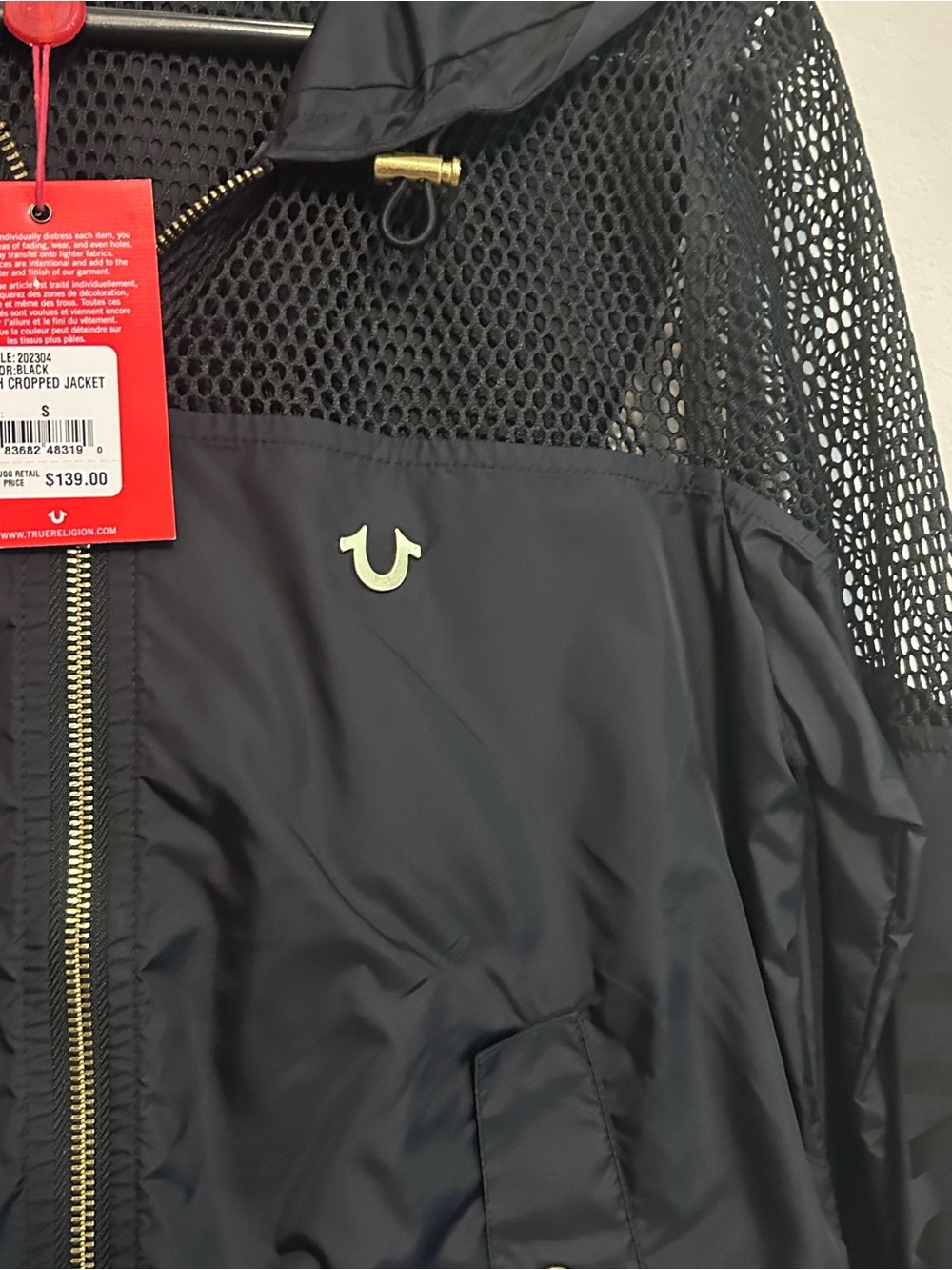 True Religion Mesh Cropped Jacket Black Hooded Windbreaker NWT Size S - Picture 2 of 12